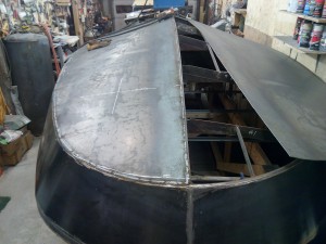 Aft bottom skins going down.